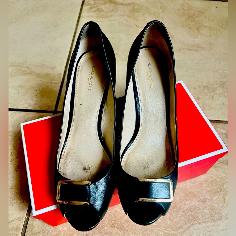 Coach Black Leather Wedges w/box